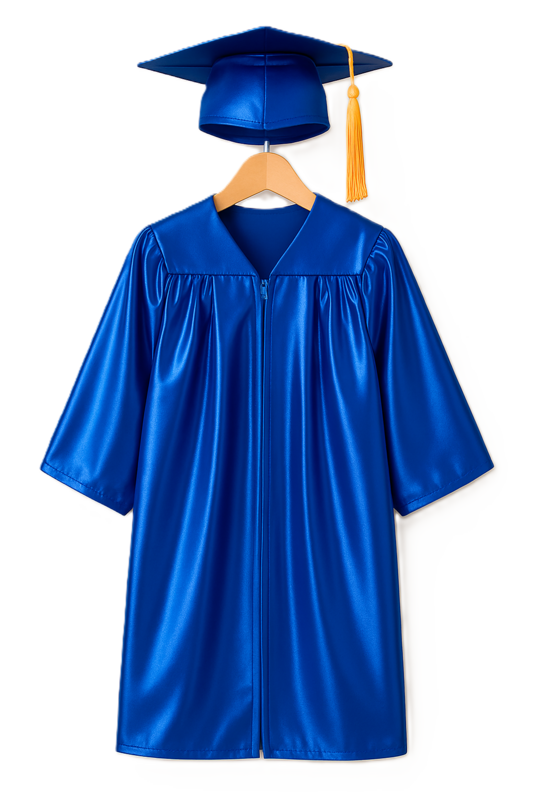 Graduation Gown & Cap Set – Shiny Satin with Gold Tassel (Size 21) – Royal Blue & Black