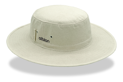 One off-white sunhat, featuring a small, black Albion wordmark logo embroidered on the side.