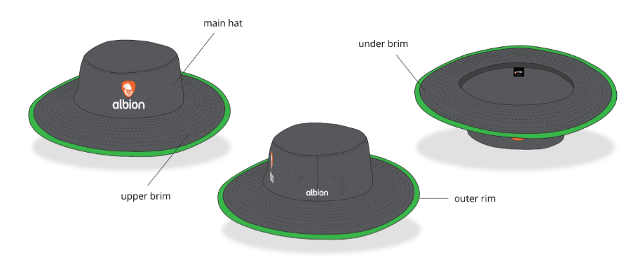 Three grey coloured sunhats, each with a green coloured outer brim and an orange Albion logo on the front. The sunhats have features annotated, highlighting customisation options.