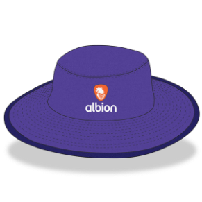Purple coloured sunhat with darker purple outer brim featuring an orange Albion logo on the front.