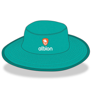 Teal coloured sunhat with darker teal outer brim featuring an orange Albion logo on the front.