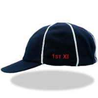 Side view of dark navy baggy cap with red embroidery