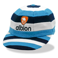 Yellow, green and red hooped baggy cap with orange Albion logo embroidered on the front.