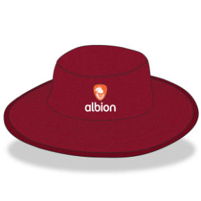 Burgundy coloured sunhat featuring an orange Albion logo on the front.