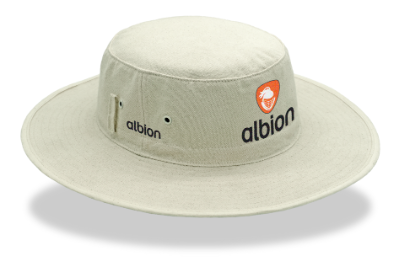 One off-white sunhat, featuring a small, black Albion wordmark logo embroidered on the side and an orange Albion logo embroidered on the front.