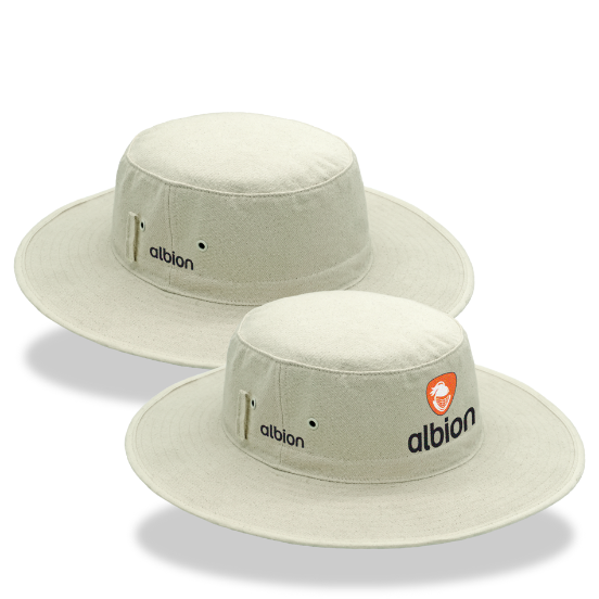 Two off white sunhats shown from different angles, featuring the Albion orange embroidered logo.