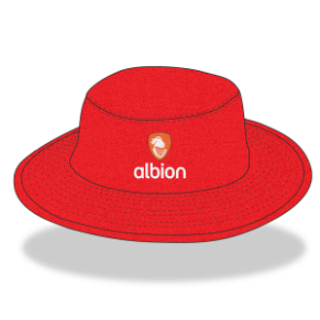Red coloured sunhat with orange Albion logo on the front.