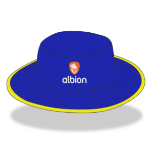 Royal blue coloured sunhat with yellow outer brim and an orange Albion logo on the front.