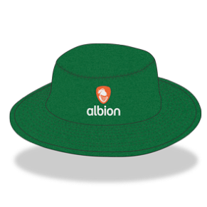 Green coloured sunhat with orange Albion logo on the front.