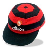Black and red hooped baggy cap with logo