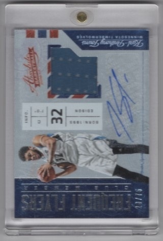 2016-17 Absolute - Frequent Flyer Material Autographs #12 - Karl Anthony Towns AUTO, MEM, SN75 - Minesotta Timberwolves