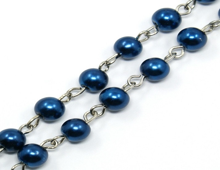 Glass Pearl Beaded Silver Chain - Blue - 50cm