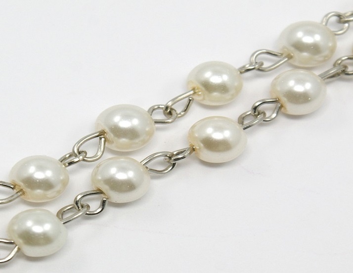 Glass Pearl Beaded Silver Chain - Ivory - 50cm