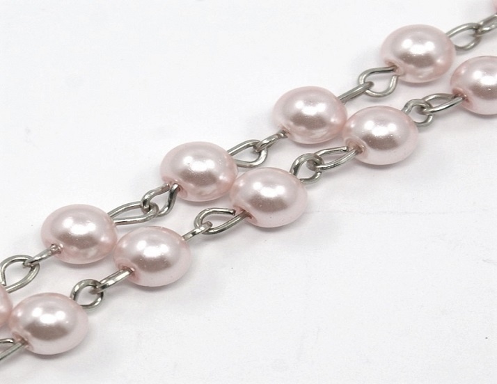 Glass Pearl Beaded Silver Chain - Pink - 50cm
