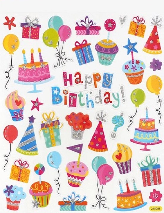 Stickers - Happy Birthday - Glitter - Hats Balloons Presents
