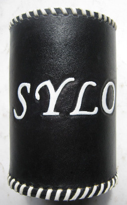 Leather stubby cooler, black with carved name white, handmade in Australia.