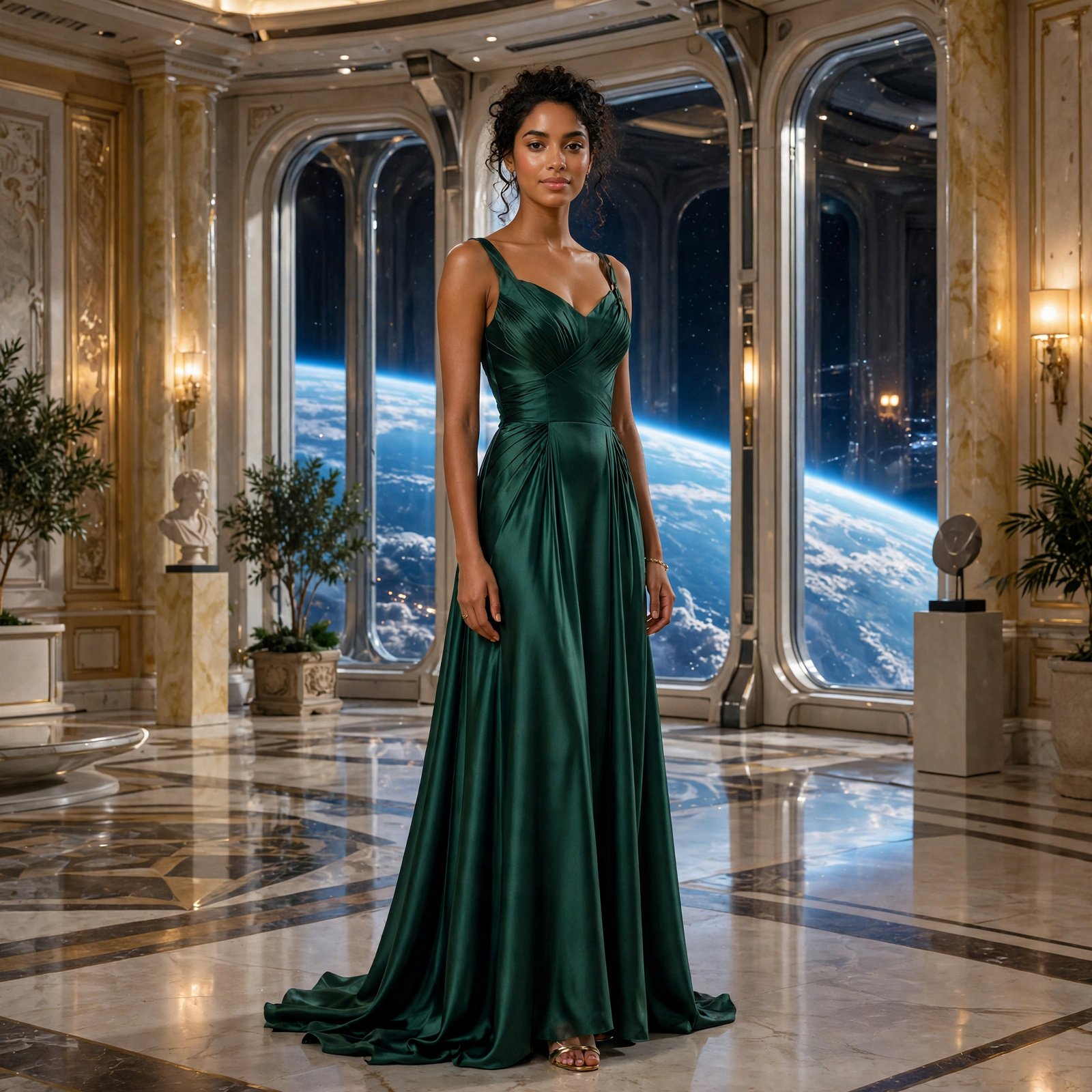 Nessa in a green gown inside an orbital palace overlooking Earth