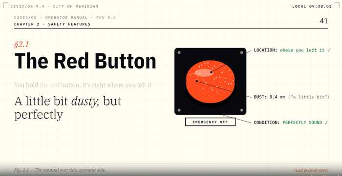 CIVIC/OS operator-manual frame showing the red emergency button