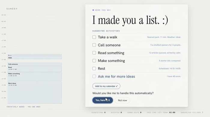 What Were You Saving It For video frame showing an AI-generated activity list beside an empty calendar