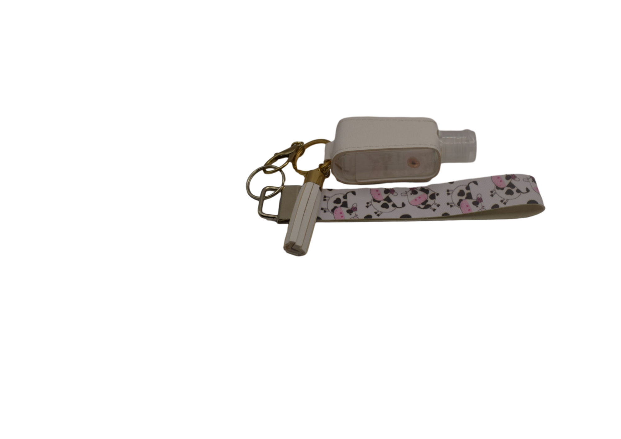 Cow Keyring with White Hand Sanitizer and Tassel Keyring