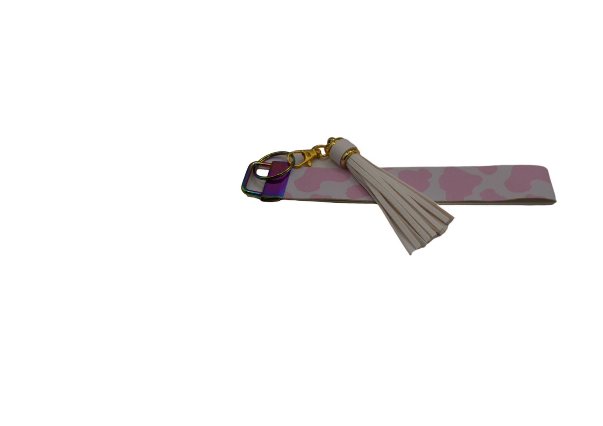 Pink & White Cow with White Tassel Keyring