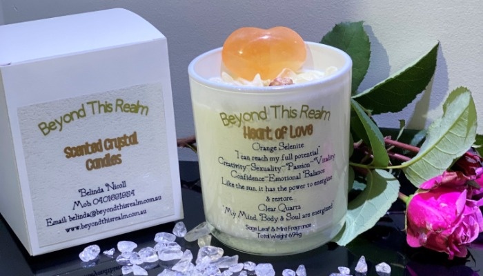 Orange Selenite Love Heart candle in white glass