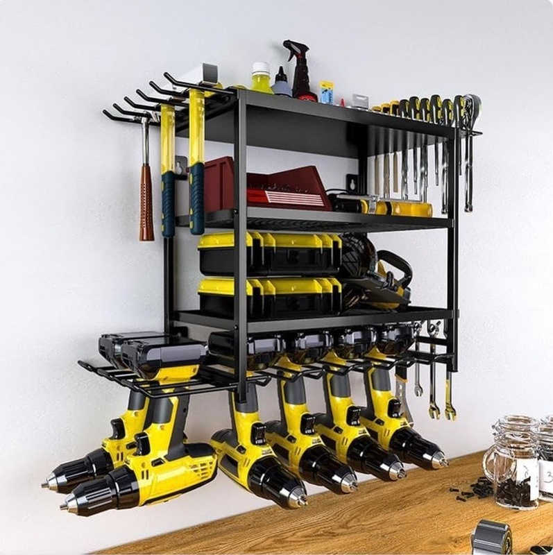 CARLA HOME 4-Tier Power Tool Rack Organizer Wall Mount with Drill Holder & Wrench Hooks