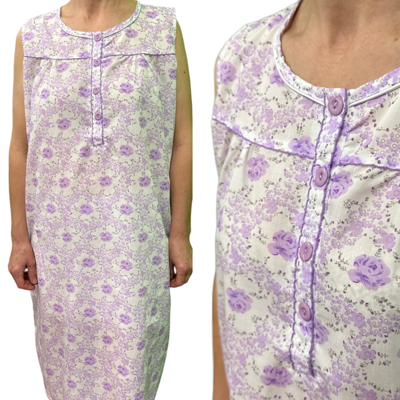 Womens 100% Cotton Sleeveless Nightie Gown - Lilac