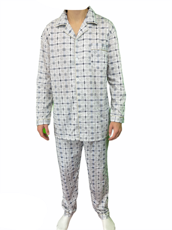 Mens Cotton Pajamas Pyjamas PJs Long Sleeve Shirt Tops + Pants Set Sleepwear - White/Blue