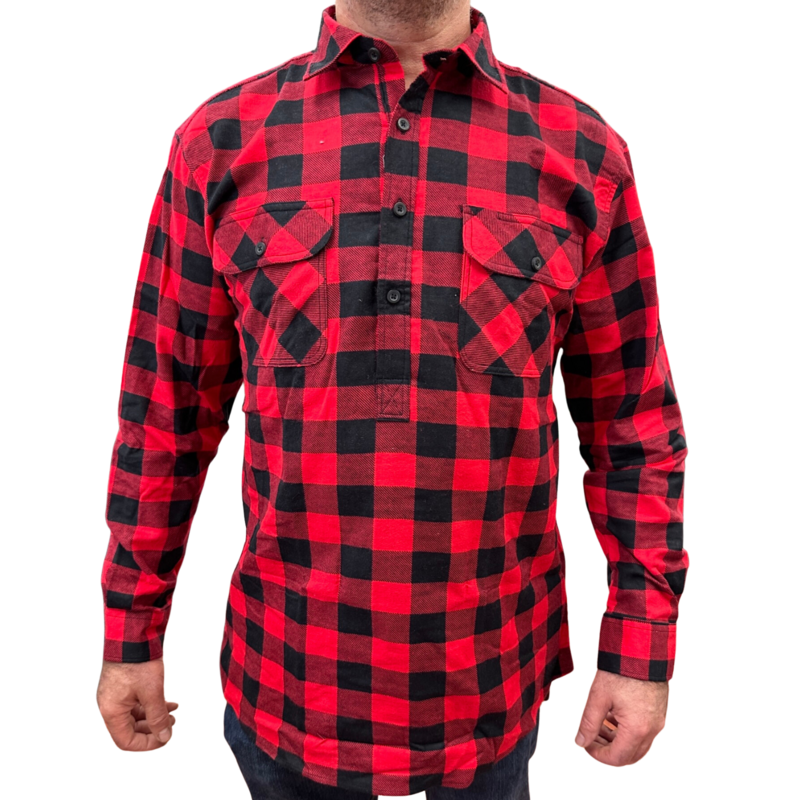 Mens Flannelette Long Sleeve Pullover Shirt 100% Cotton - Half Placket - Red-Black
