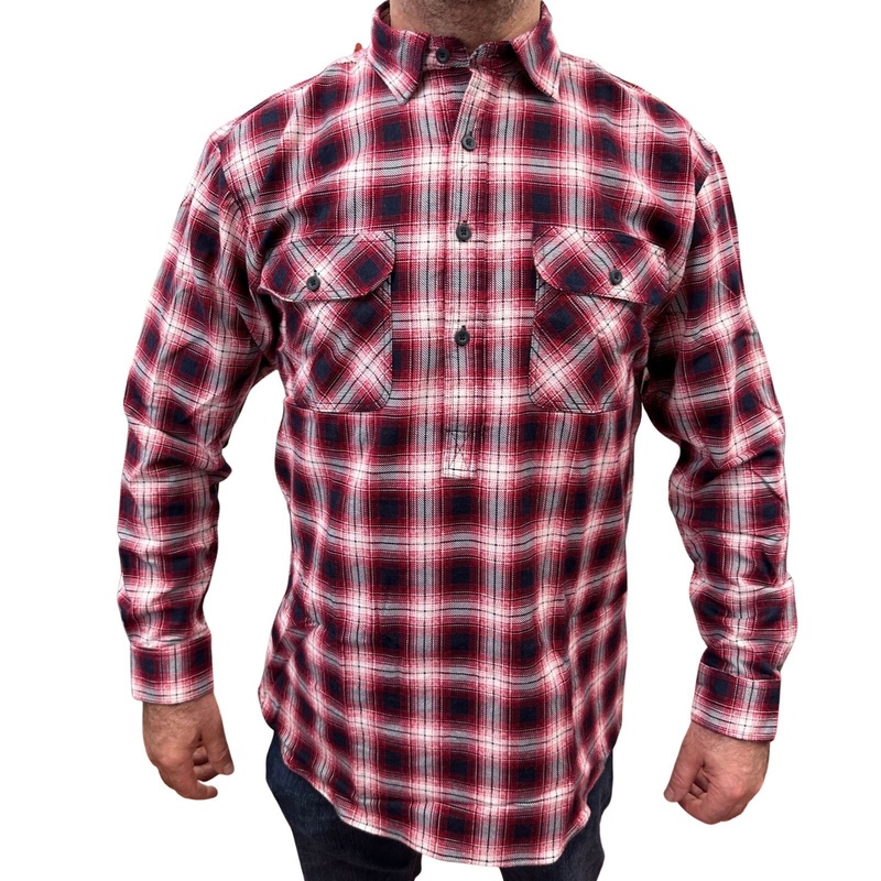 Mens Flannelette Long Sleeve Pullover Shirt - Half Placket - Red Navy