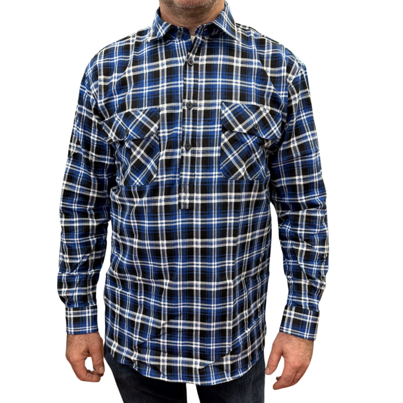 Mens Flannelette Long Sleeve Pullover 100% Cotton Flannel - Half Placket - Blue Black
