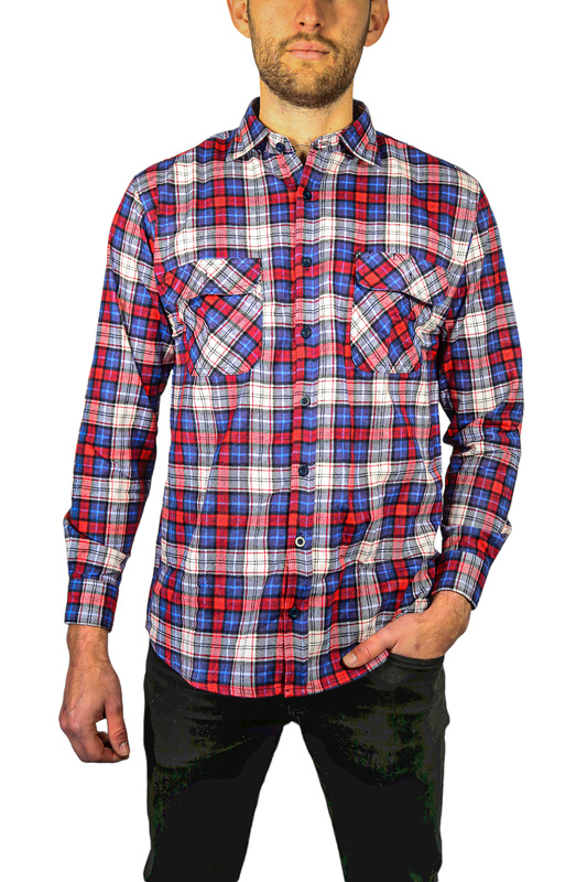 Mens Flannelette Long Sleeve Shirt 100% Cotton - Navy/Red/White