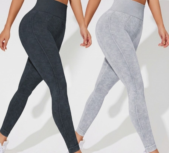 2 PCS Women's High Waisted Seamless Yoga Leggings Washed Black and Light Grey Activewear Tights