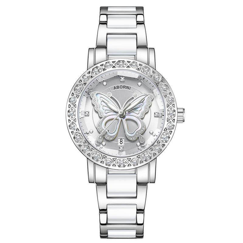 Women's Butterfly Quartz Watch with Ceramic Steel Strap and Luminous Hands