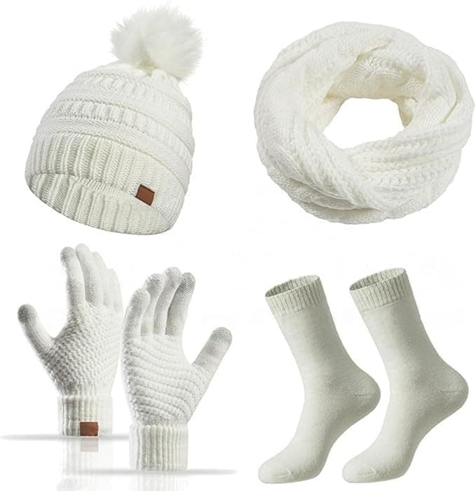 4-Piece Knitted Hat Scarf Gloves Socks Set for Women, White, with Pompom and Touch Gloves
