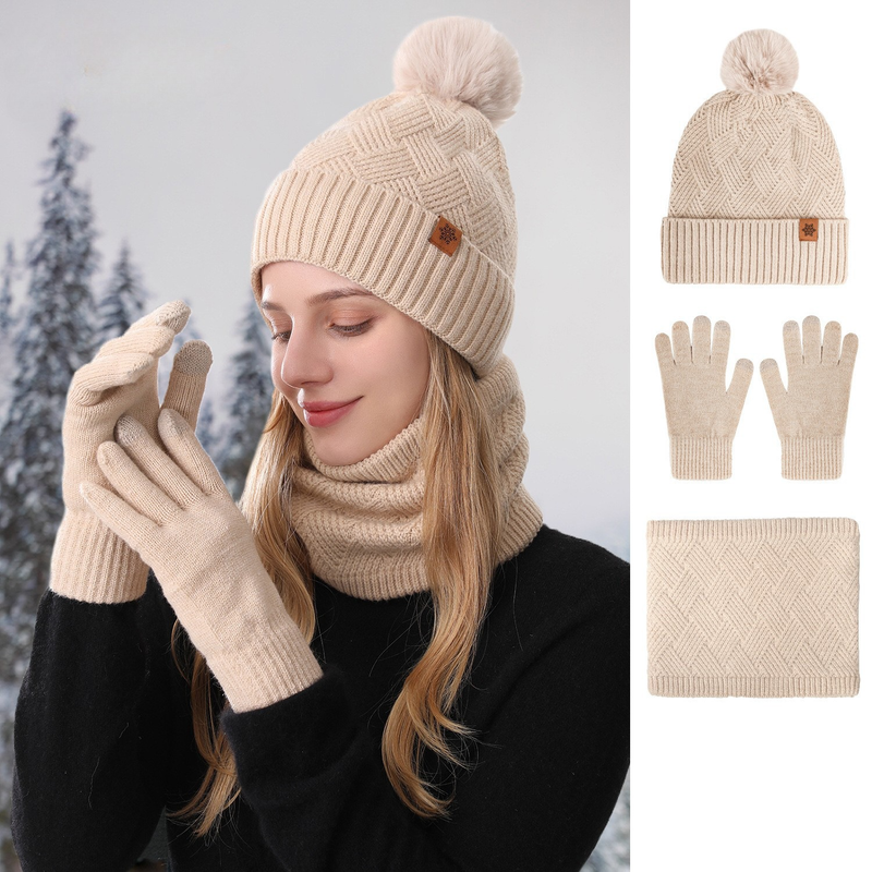 Women's Fashionable Winter 3-Piece Set: Knit Hat, Scarf, and Gloves.