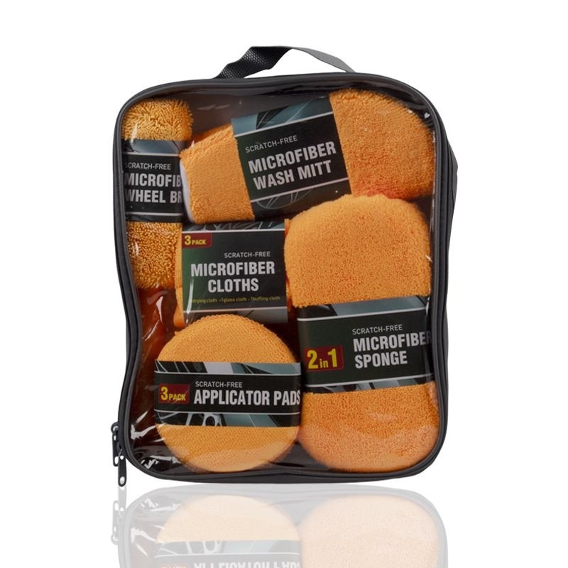 9-Piece Car cleaning kit - Microfibre Wash Mitt, Sponge, Wheel Brush, Waxing Pads & Towels