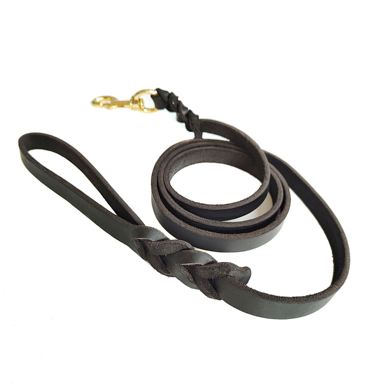 Dog Leash Cowhide Lead Heavy Duty Leather Black