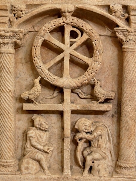 Chi Rho with a Wreath Symbolising the Victory of the Resurrection, Panel from a Roman Sarcophagus, c. 350