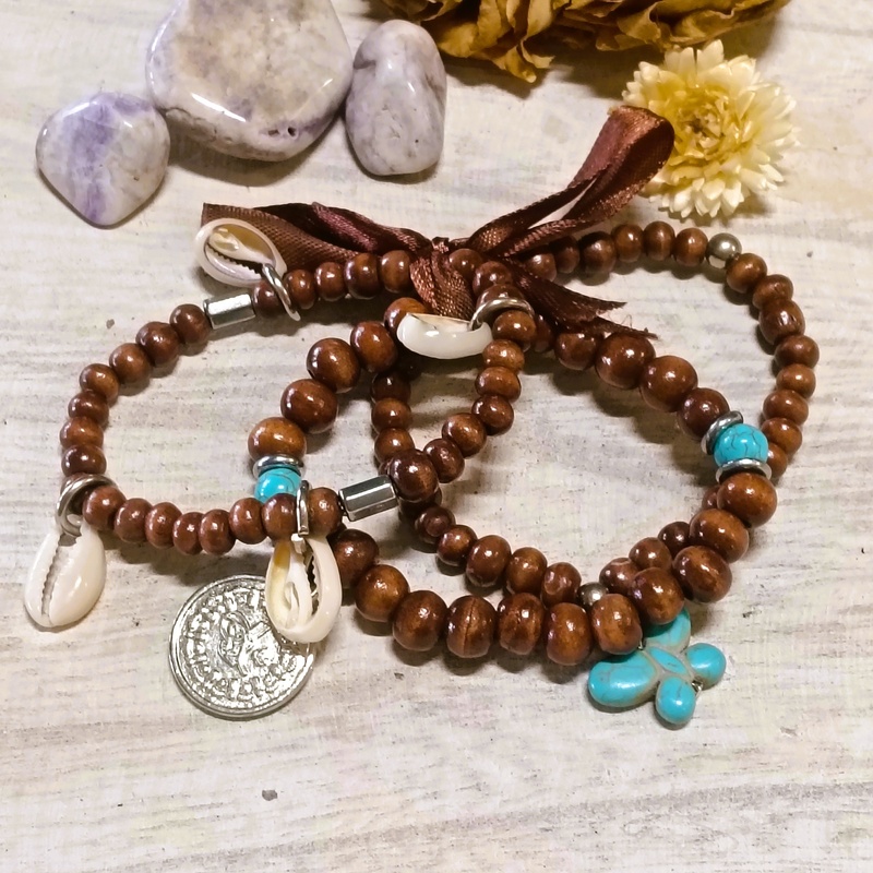 Hand Crafted Timber Bead Bracelet Set 3 – Brown
