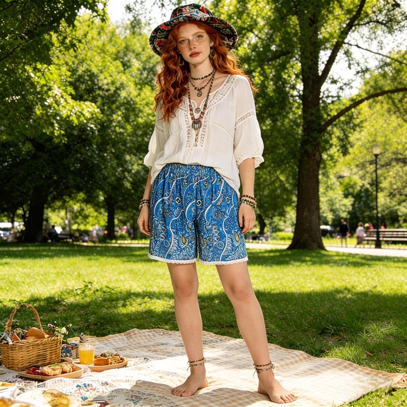 Shirred Waist Paisley Long Shorts