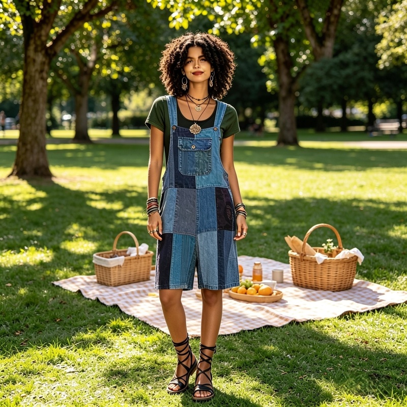 Yak’n Yeti Short Patchwork Overalls Blue