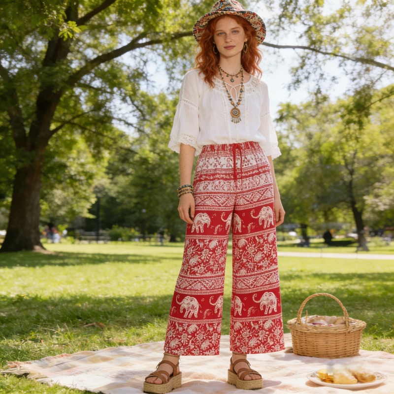 Red Elephant Print Long Pants