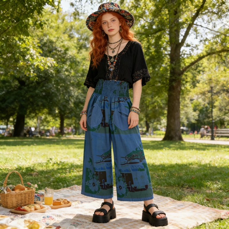 Boho Diva Shirred Waist Round Pocket Pants