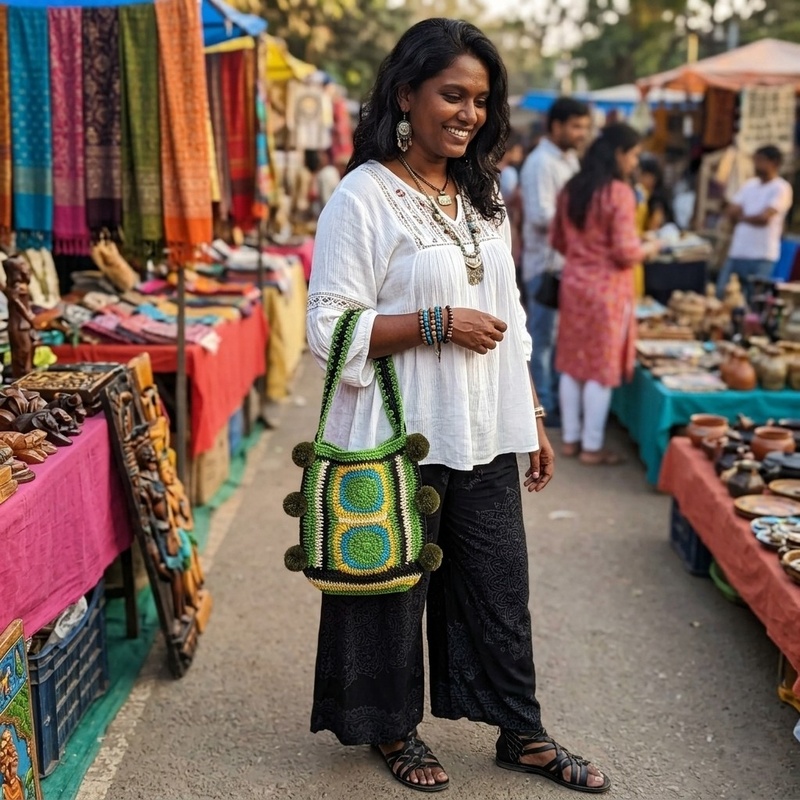 Raffia Pom Pom Hand Bag