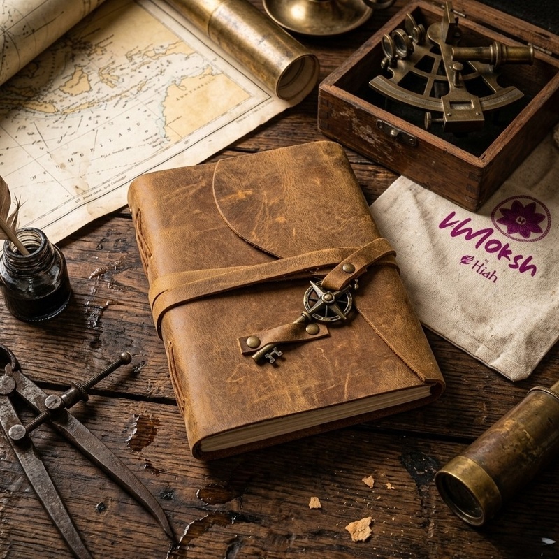 Leather Folding Journal Key Design with Handmade Paper