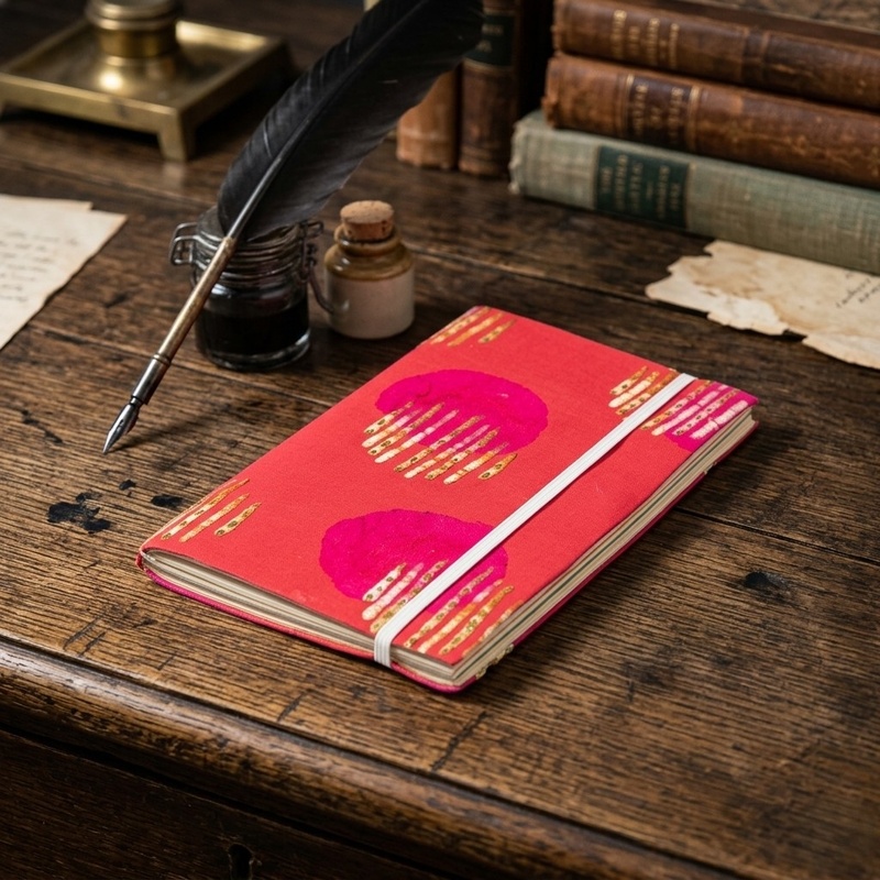 Jute Paper & Batik Fabric Covered Journal - Stitched Circles