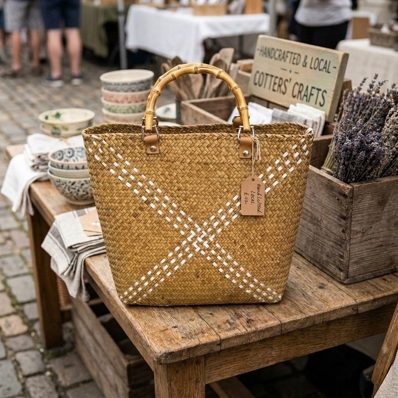 Woven Tote Bag with Bamboo Handles