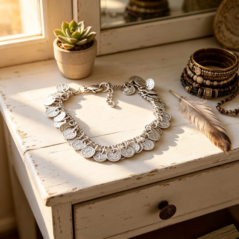 Matr Boome Silver Coins Anklet
